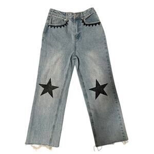 Edikted Star Patched Raw Hem Wide Leg Statement Baggy Jeans